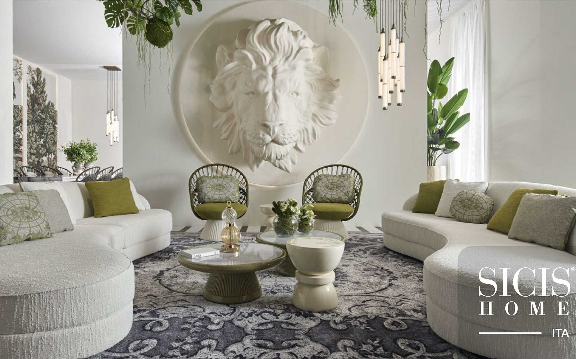 Iconic furniture and artistic decor for an exclusive living space by Sicis | 101DOMUS Luxury living room by Sicis with curved sofas, sculptural coffee tables and a lion relief wall decoration