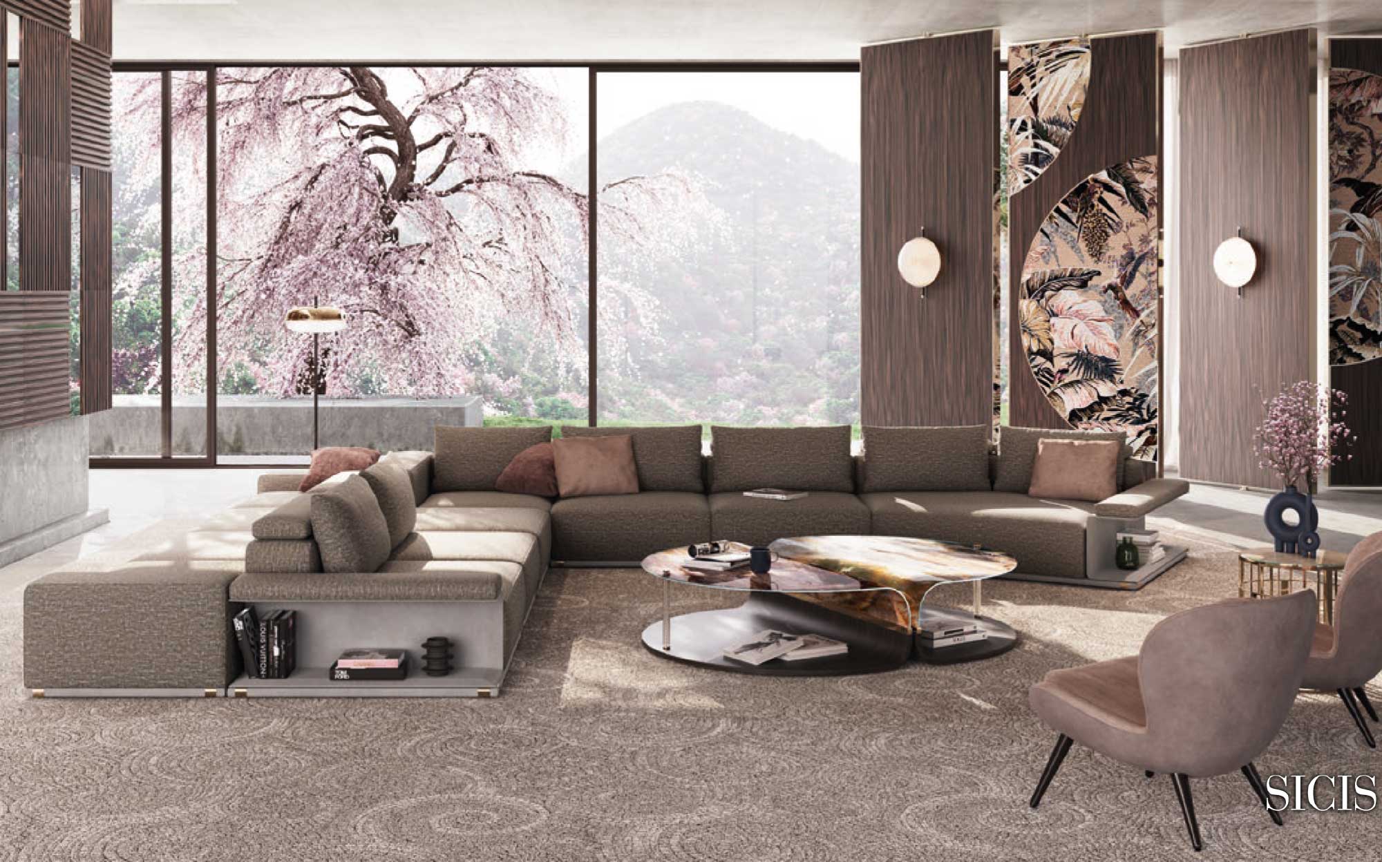 Refined design and tailored comfort in the modern living space by Sicis | 101DOMUS Modern Sicis living room with modular corner sofa, oval coffee tables and decorative wall panels with artistic patterns