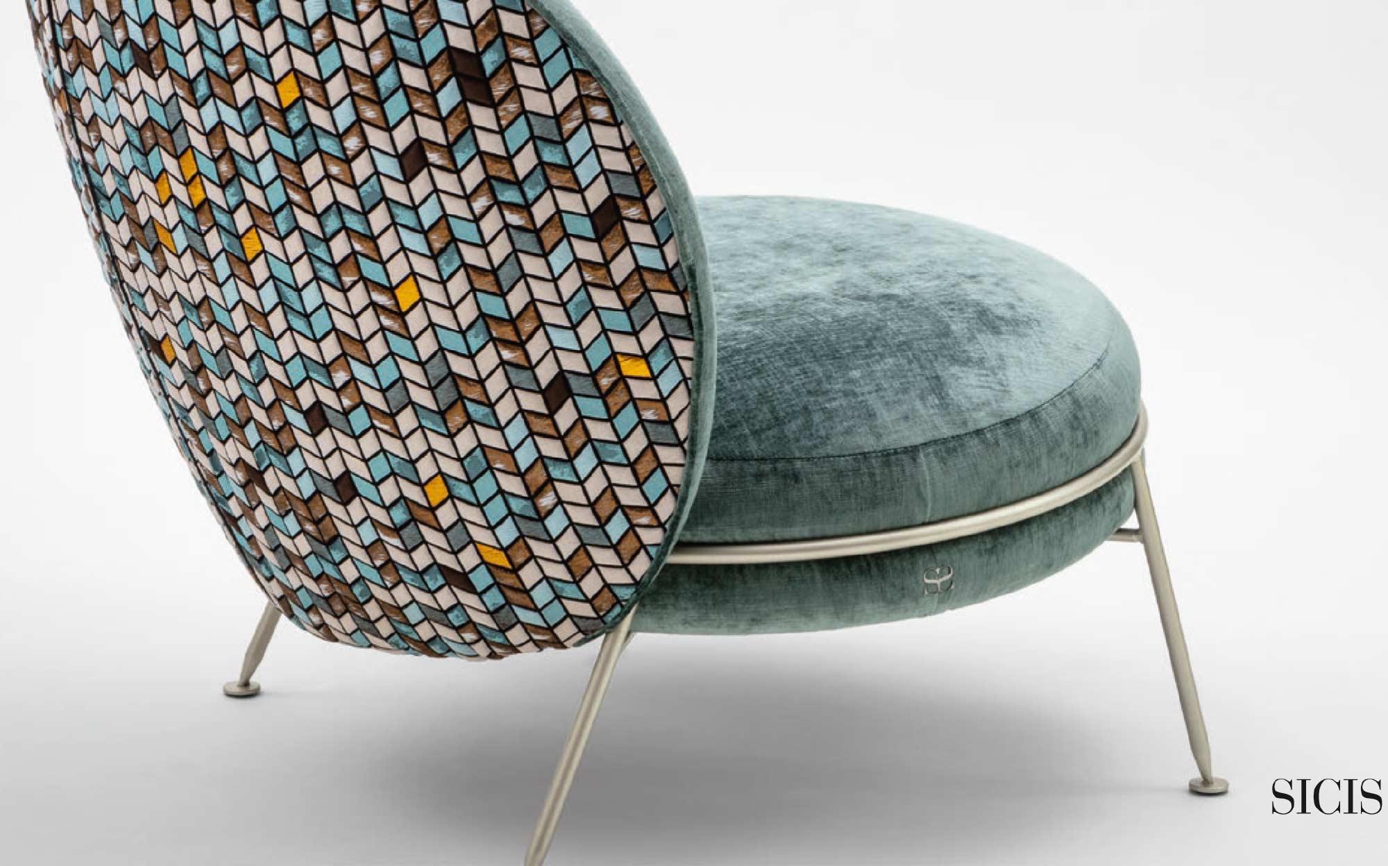 Designer armchair with mosaic details by Sicis | 101DOMUS Sicis armchair with aquamarine velvet upholstery and multicolor mosaic backrest