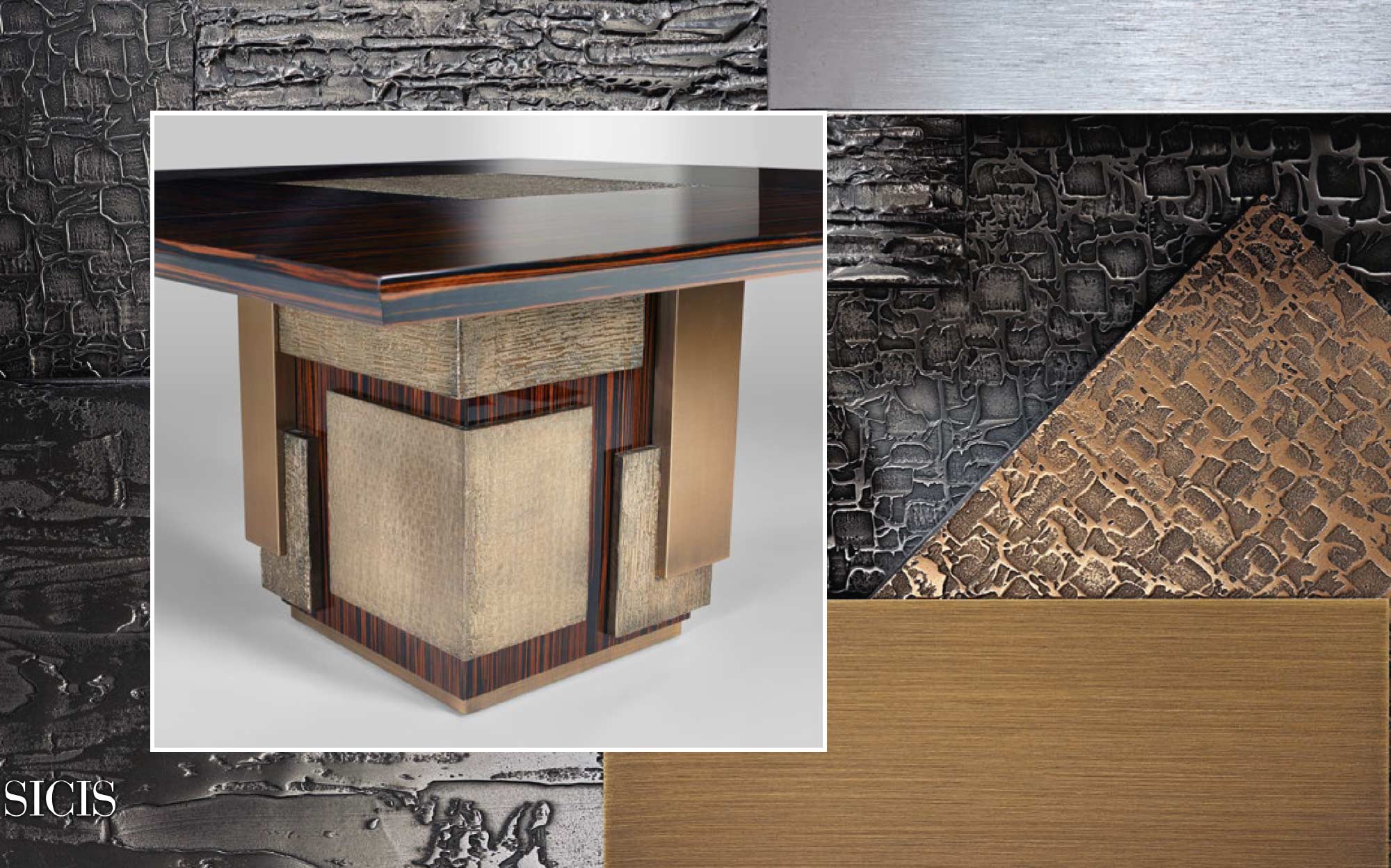 Artistic Sicis table with geometric design and textured finishes | 101DOMUS Sicis dining table with geometric wooden and metallic base, paired with textured materials