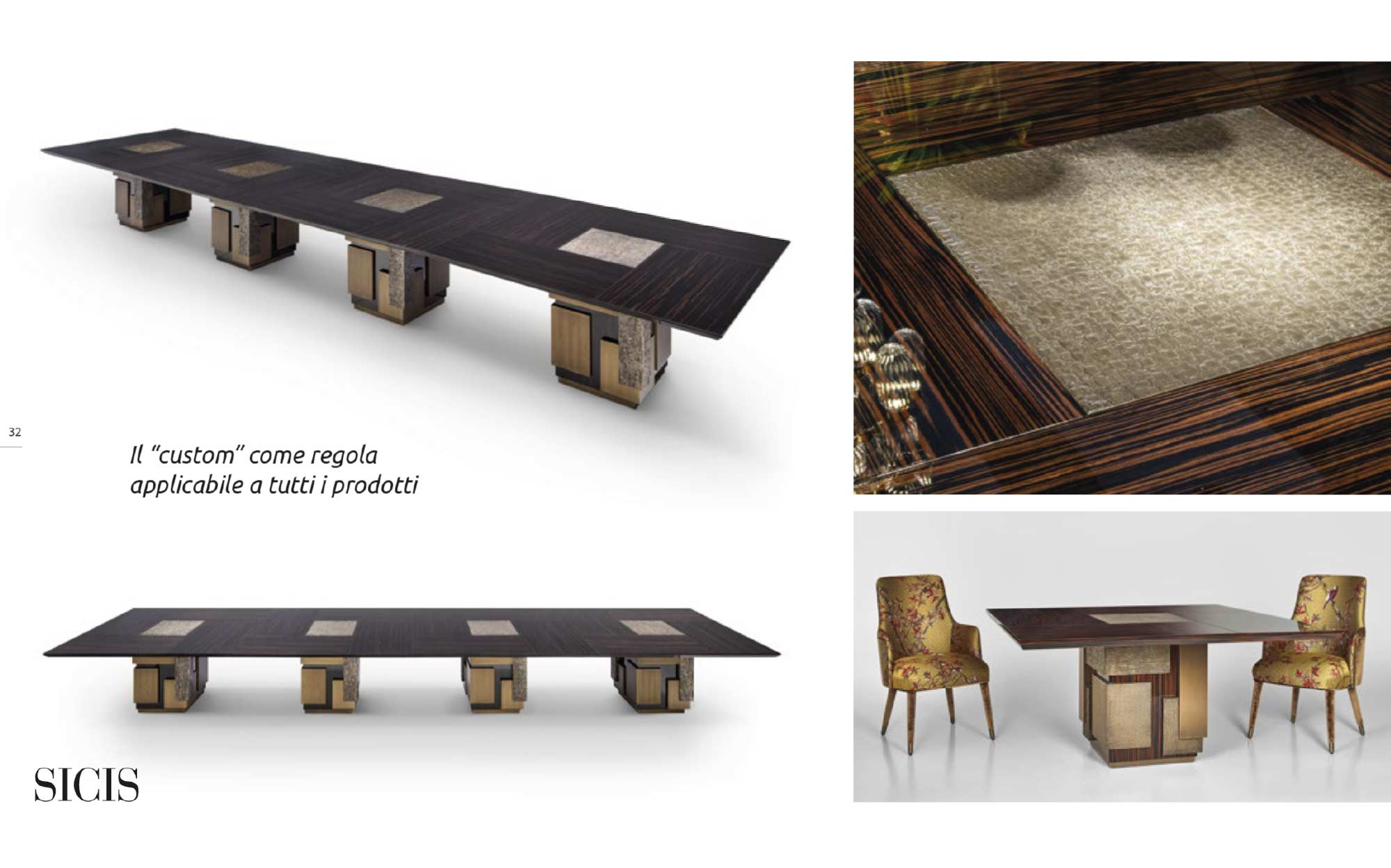 Custom Sicis table with artistic details and bespoke finishes | 101DOMUS Extra-long Sicis dining table with geometric bases and decorative inlays on the top