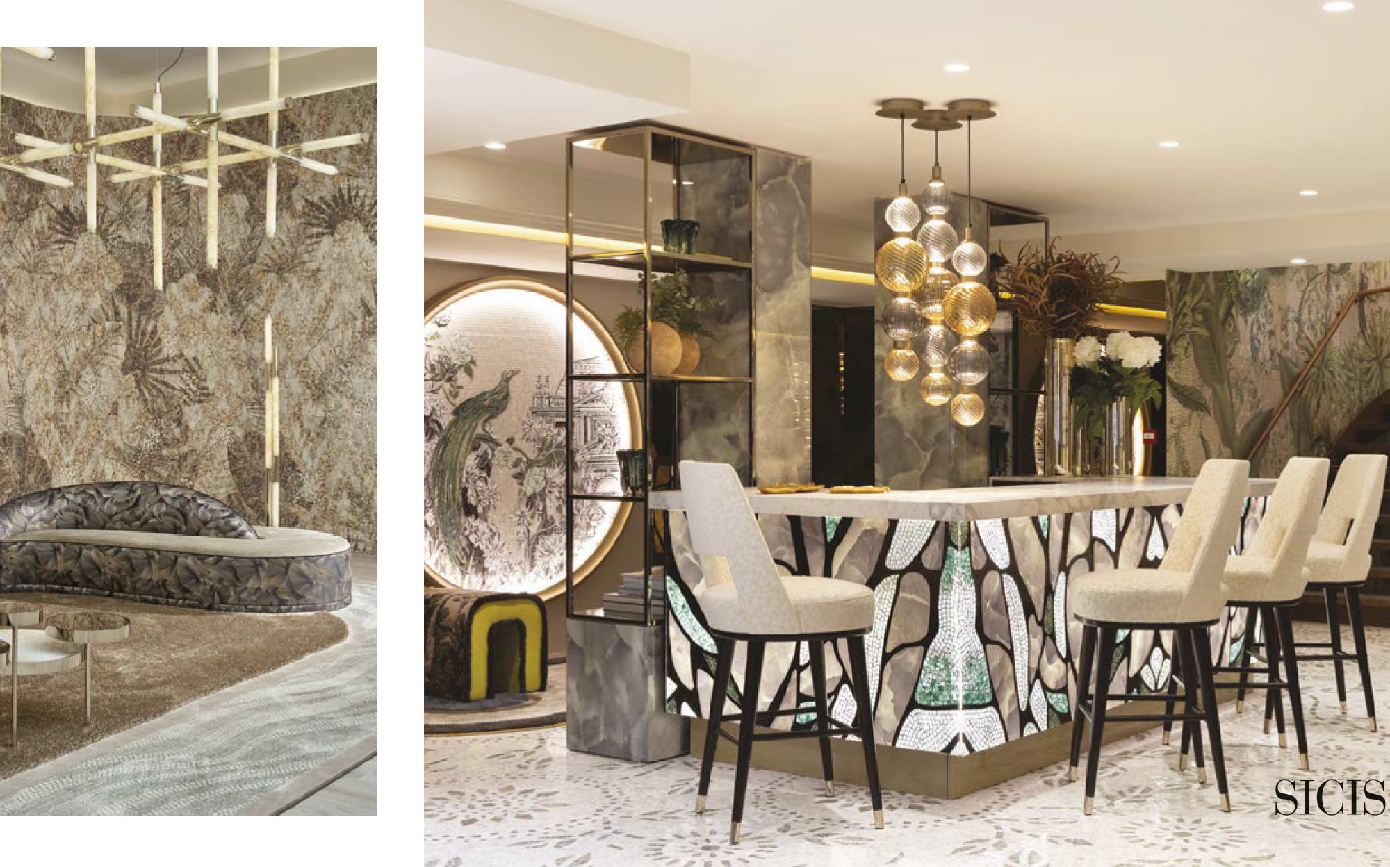 Sicis bar furniture with artistic mosaics and refined materials for elegant interiors | 101DOMUS Sicis bar area with artistic mosaic-covered counter and designer stools, next to decorative chaise longue
