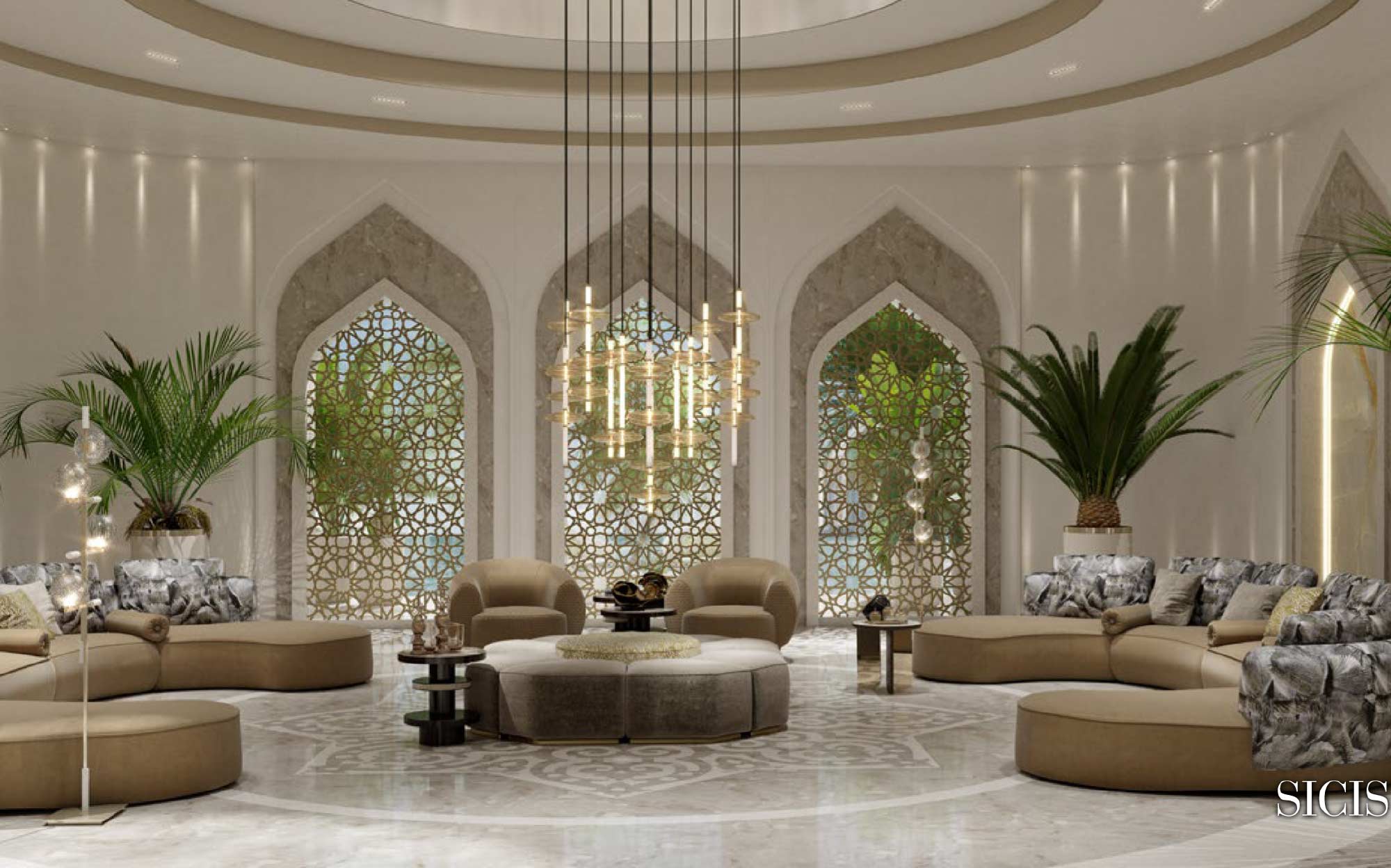 Sicis oriental-inspired furnishings for refined and luxurious spaces | 101DOMUS Sicis circular living room with modular sofas in neutral fabrics, oriental elements and a scenic central chandelier