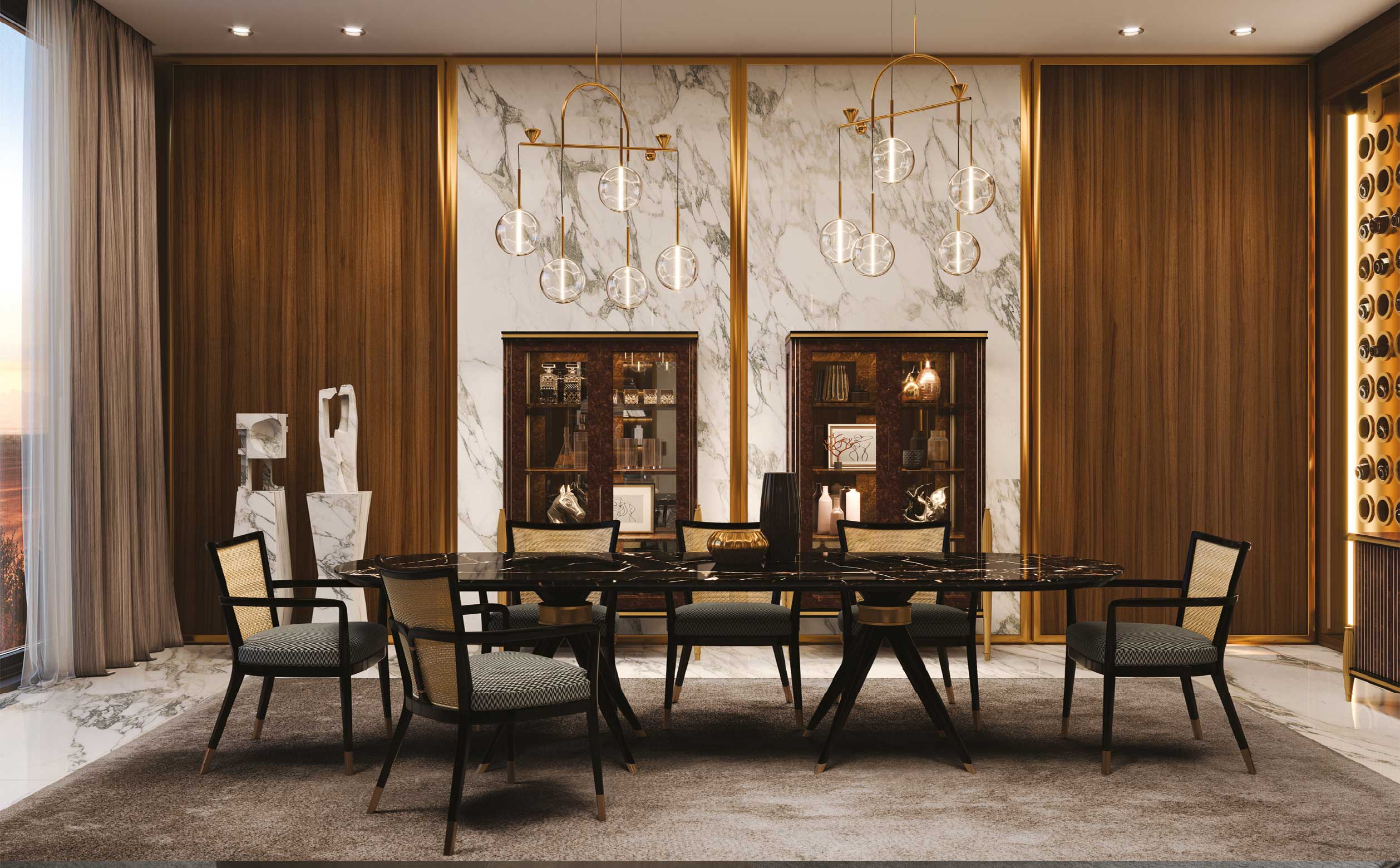 Elegant dining interior with Medea furniture – Sophisticated composition with statement lighting and display cabinets