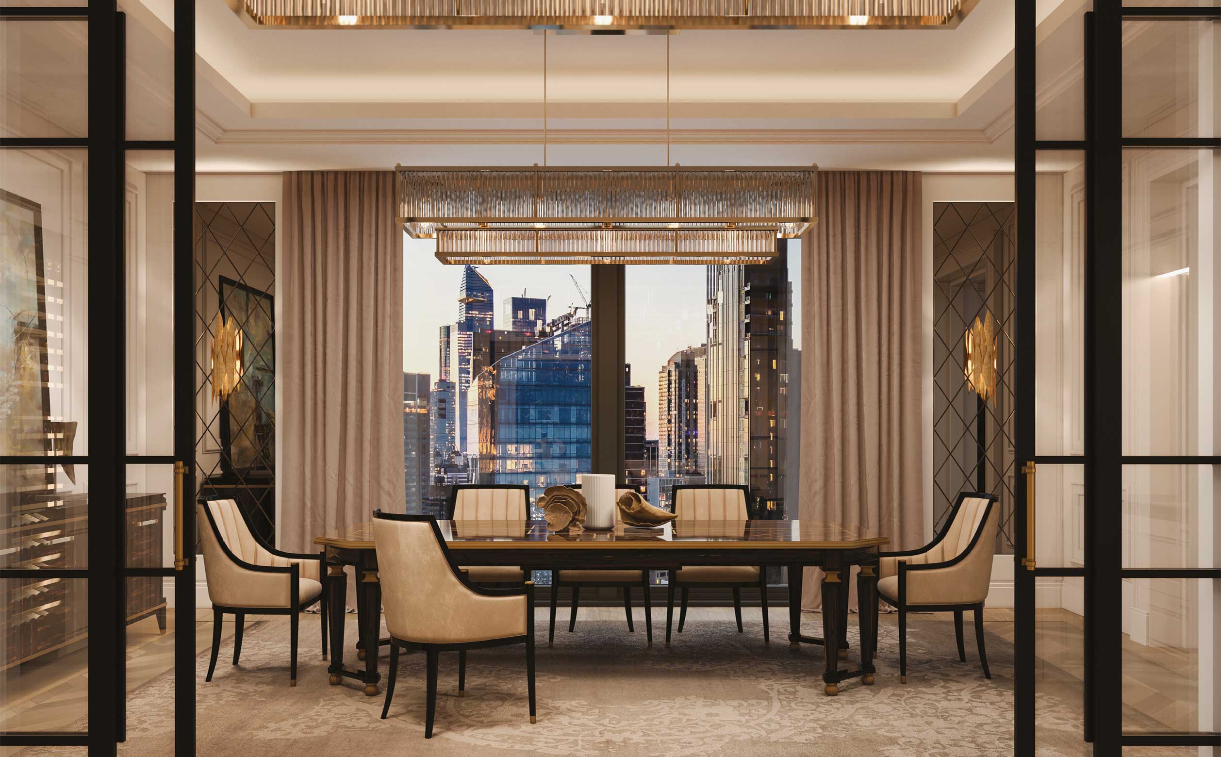  Luxurious dining room with Medea furniture – Sophisticated interior overlooking the city skyline