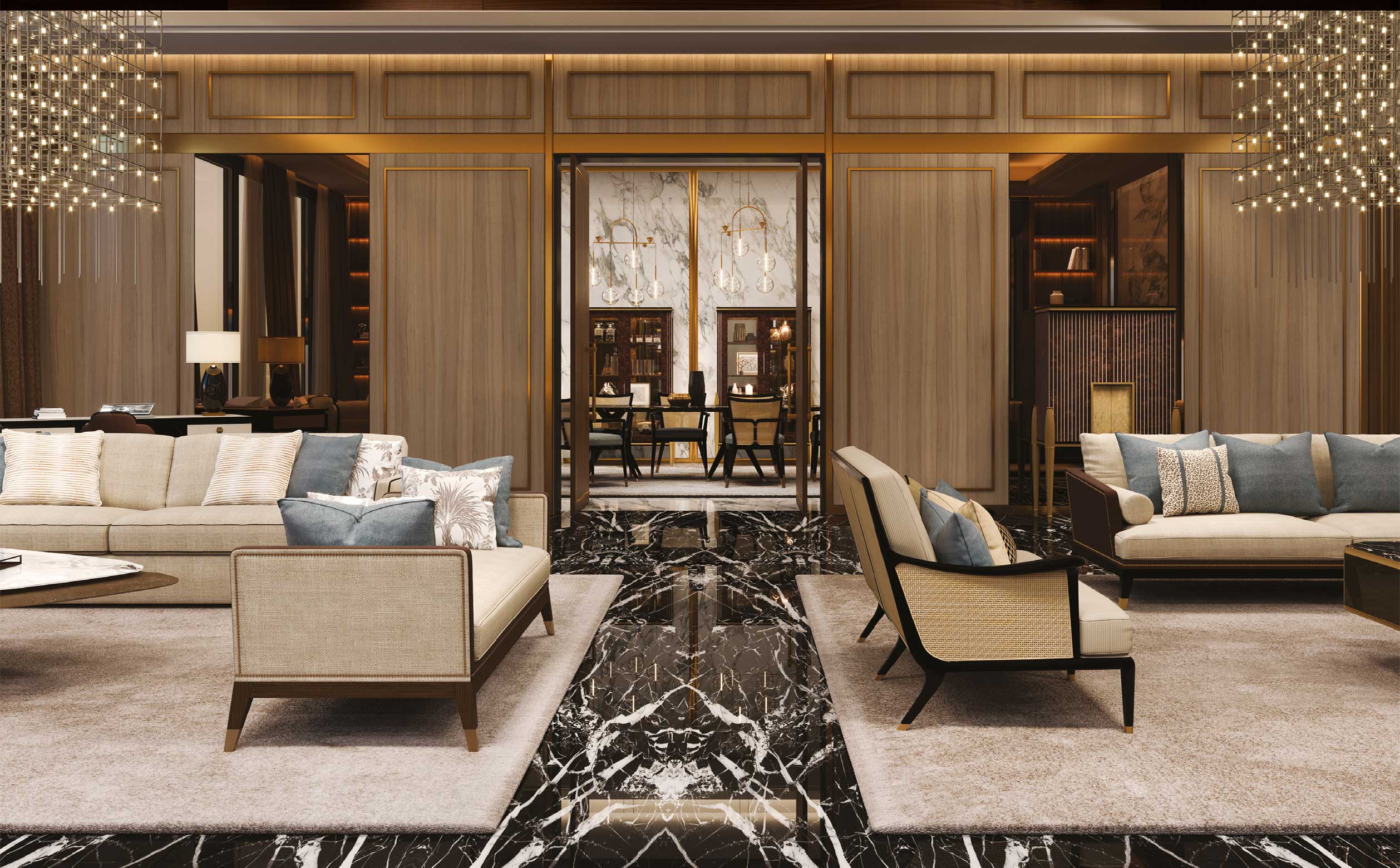 Elegant living room with Medea furniture – Sophisticated seating and visual connection to dining area