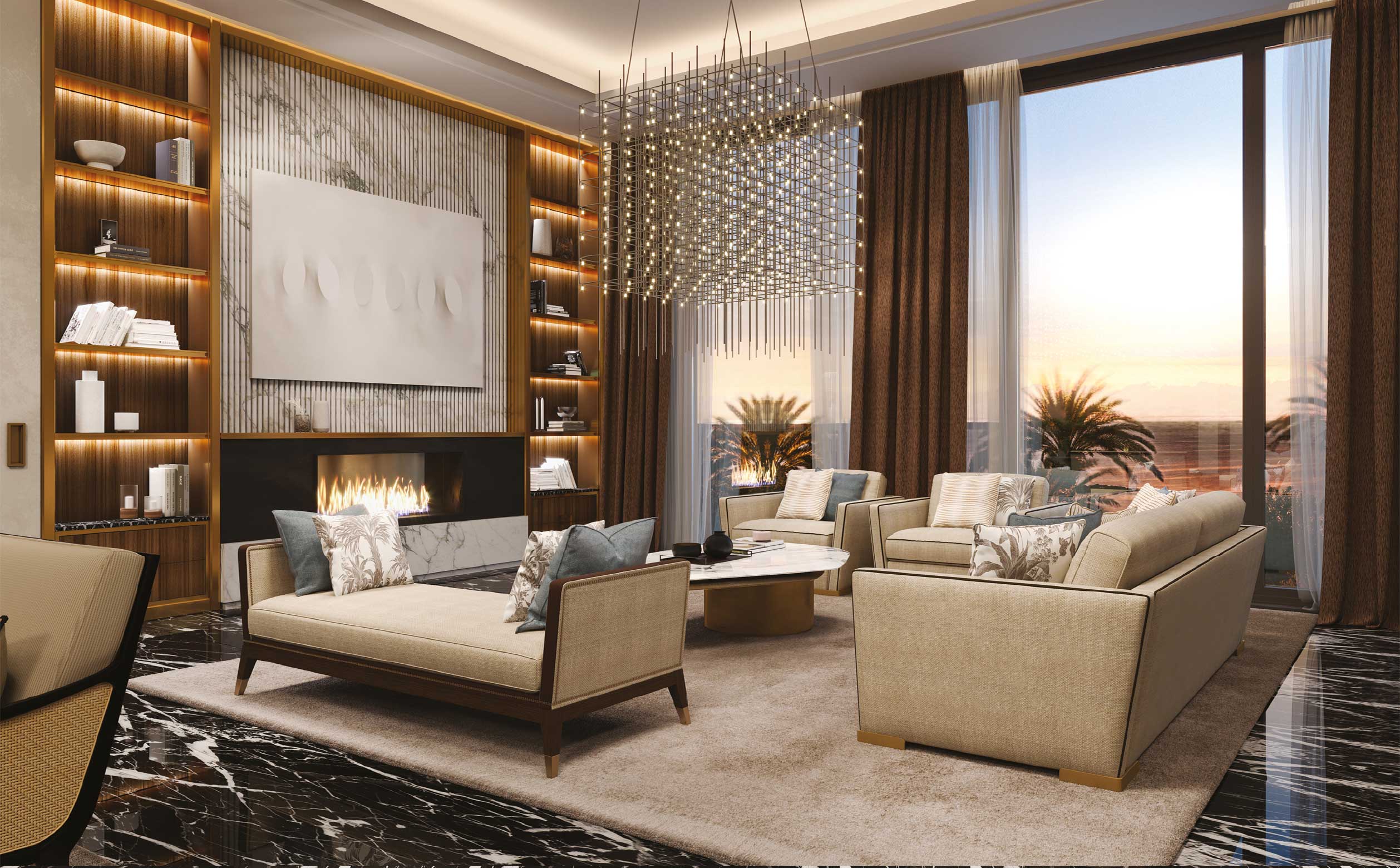 Refined living room with Medea furniture – Elegant lounge area with fireplace and panoramic sunset view
